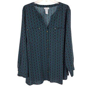 Catherines 2X Black Blue Geometric Tunic Blouse Boho Button Front office teacher